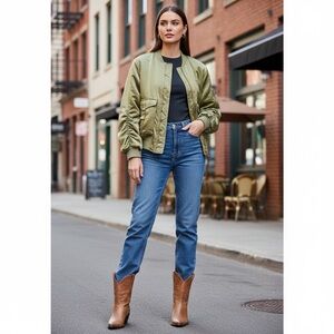 House of Harlow 1960 Olive Green Satin Bomber Jacket